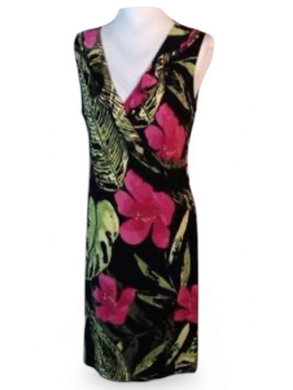 Chico's Black Midi Dress with Pink Floral & Green Leaf Print 16